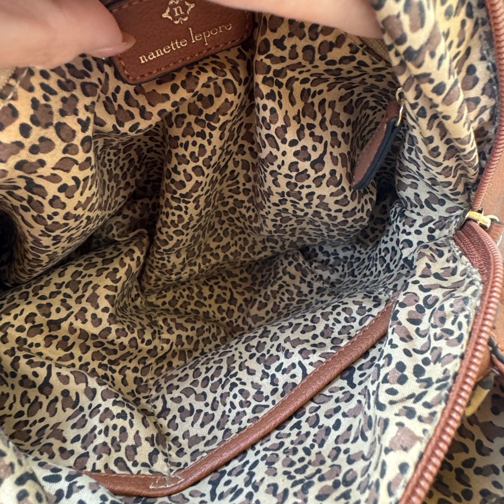Nanette Lepore Pebbled Leather Tassel Tote Brown Boho Chic Animal Print Classic - Picture 11 of 14